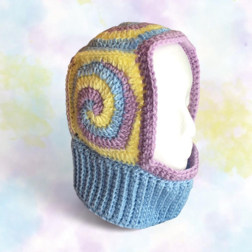 crochet light blue, lavender purple, and yellow granny square balaclava HANDMADE